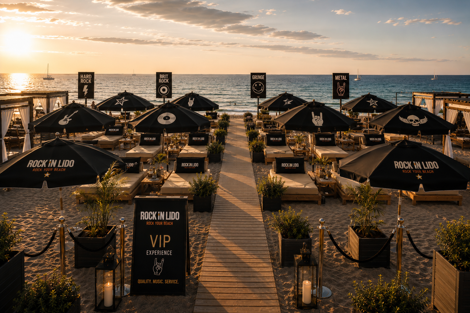 Rock in Lido beach club — spiaggia al tramonto con atmosfera rock premium